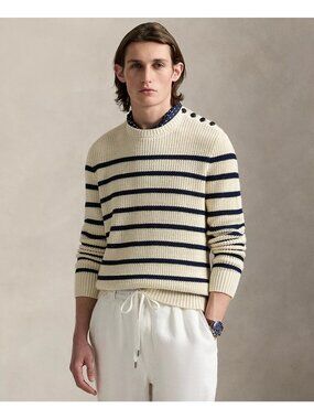 NWT Polo Ralph Lauren Striped Cotton Linen Sweater Cream /Navy Mens Size XL